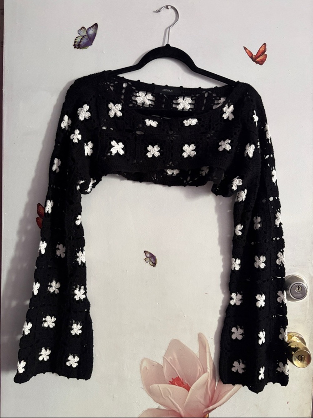 Forever 21 Black Crochet Crop Top with White Floral Accents